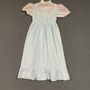 Vintage Sears Perma Prest Girls Dress 3T Blue Floral Lace Ruffle Cottagecore *